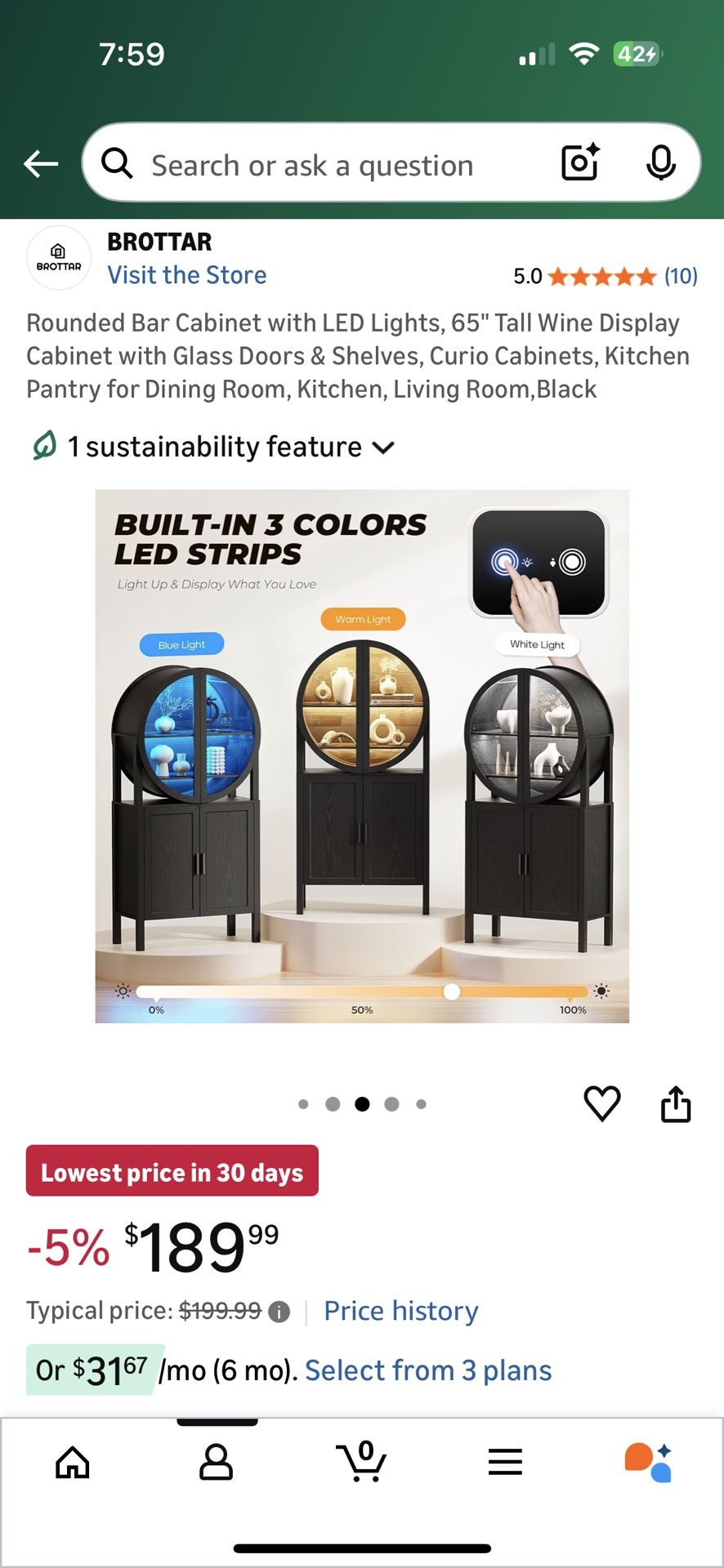 Rounded Bar Cabinet with LED Lights, 65" Tall Wine Display Cabinet with Glass Doors & Shelves, Curio Cabinets, Kitchen Pantry for Dining Room, Kitchen