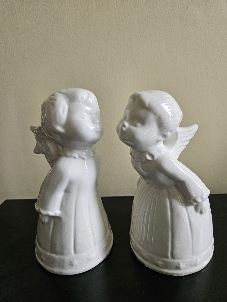 Vintage White Ceramic Kissing Angels Christmas Figurines