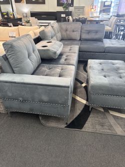 NEW! Julia Dark Grey Reversible Sectional w/ Drop Down and Storage Ottoman