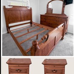 King Bedroom Set, Matress, Boxspring, Dresser, Nightstands, Mirror
