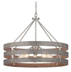 Progress Lighting Gulliver 27-3/4 in. 5-Light Brushed Nickel Farmhouse Drum Chandelier with Weathered Gray Wood Accents