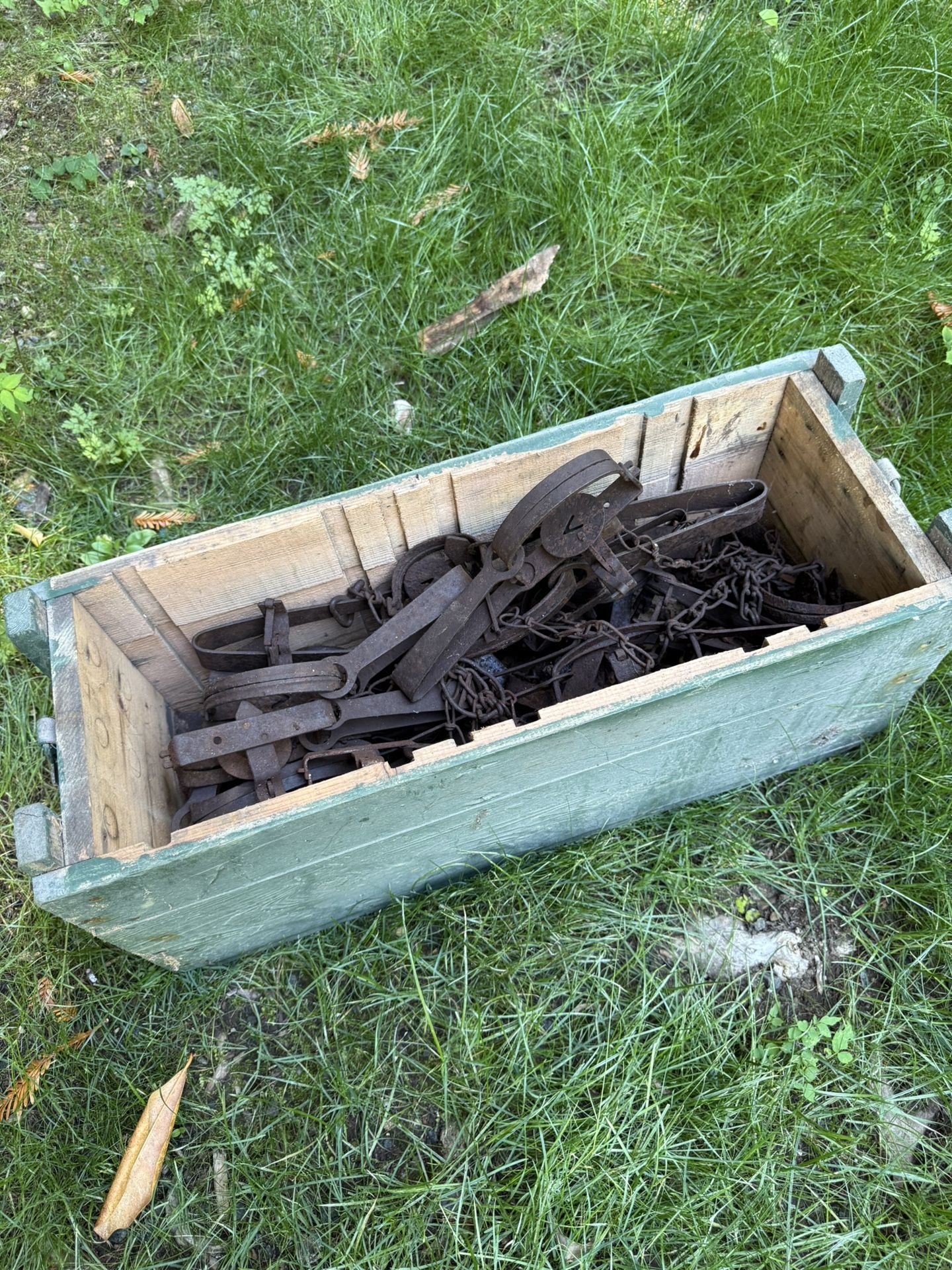 Vintage Metal Animal Traps in Wooden Box – Rustic Collectible