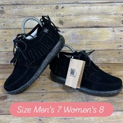 WB Moccasin Size Mens 7 Womens 8 True Black Hemera Fringe Style 100% Leather Suede 
