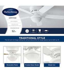 BRAND NEW Harbor Breeze
Armitage 52-in White Flush Mount Ceiling Fan With Light Chain