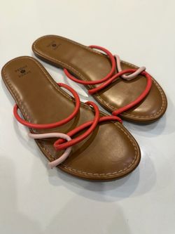 Shade & Shore Brown Slide Sandals with Coral and Blush Straps size 8