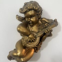 1965 Hollywood Regency Gold Cherub Angel w/ Instruments 10". Set Of 4.