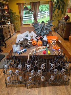 Large Halloween Lot: Skull Fence, gargoyle, hanging ghost, furry spiders, pumpkins, lights & more