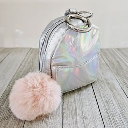 Silver Multi-Colored Irridescent Miniature Vinyl Backpack Charm Keychain Keyring with Fluffy Pink Pom Pom Attachment. Zipper Closusre. Trinkets, Cosme