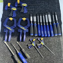 18pc. Lot of Irwin Quick-Grip Clamps + Vintage Marples Woodworking Chisels