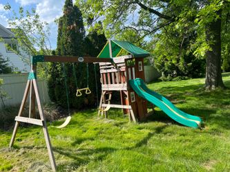 Backyard wooden swing set and playhouse for sale