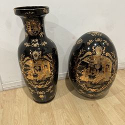 Satsuma Chinese Flower Vase And Egg Decor Set