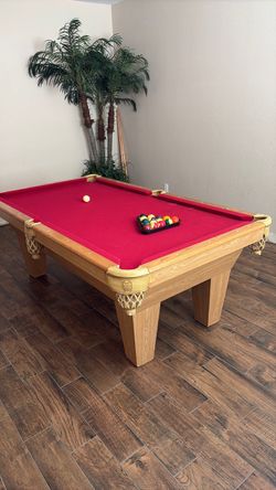 Pool Table with Red Felt and Oak Frame