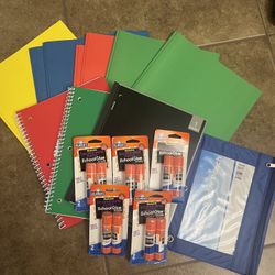 School supplies lot of folders notebooks Glue stickers pencil bag