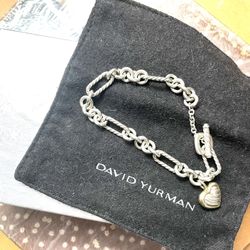 David Yurman Sterling Silver 18k Gold Figaro Heart Charm Bracelet 7.25"