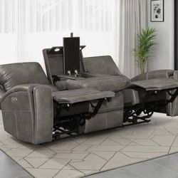 **BEST PRICES** New Triple Power Reclining Sofa in Charcoal Leatherette Upholstery!