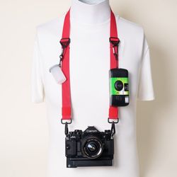 Camera Strap Dual Adjustable Red Nylon D-Mount Swivel Hooks Handmade