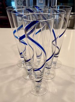 Pier 1 Cobalt Blue Swirl 10” Champagne/Pilsner Mouth Blown Glasses - Set of 6