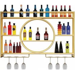 Wine Rack Wall Mounted with LED Light, 3-Tier Metal Floating Bar Shelves Wine Glass Holder, Liquor Bottle Storage Display Shelf for Home Bar, Dining R