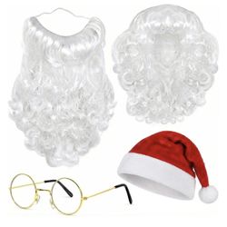  Santa 4pc Accessory Set with Glasses, Xmas Hat, Deluxe Long White Santa Claus Beard and Wig