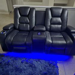Black Leather Sofa With LED Lights