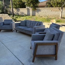 Mid Century Modern Grey Sofa + Chairs 4 Piece Set with Wood Accents