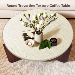 Round Travertine Texture Coffee Table 30”in Stone Coffee Table, Modern Design, Durable, Minimalist