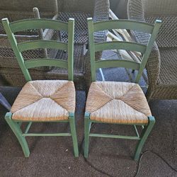 Pair Of Green Wicker/Rattan Kitchen Table Chairs