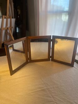The Trinity; Vintage Freestanding Oak Framed Triptych Vanity/Shaving Mirrors: