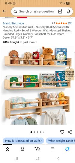 Nurserv Shelves for Wall - Nursery Book Shelves with Hanging Rod -Set of 3 Wooden Wall-Mounted Shelves, Rounded Edges, Nursery Bookshelf for Kids Room