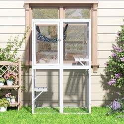 Cat tree house, White, 39″L Wooden Outdoor Cat Catio, NEW