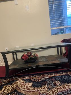 Cafe Table With A Glass Top And Stone Plates Like New.