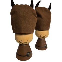 vintage wooden Easter egg cups with horned hats