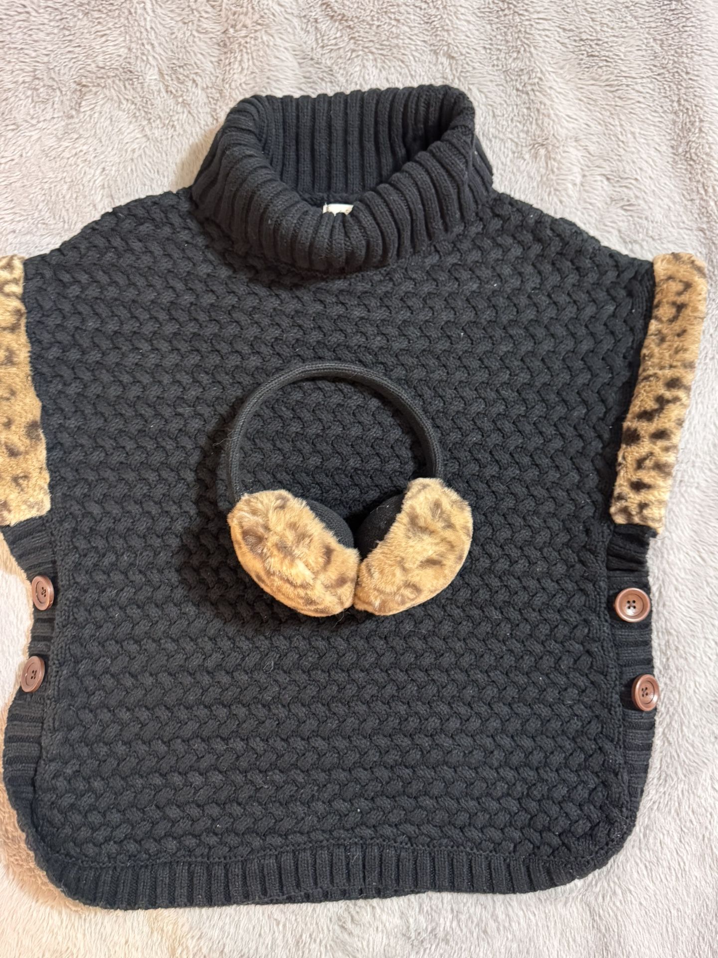 Size 10-12 Girls-Black Turtleneck Poncho Sweater & Earmuffs by Aspen Kids