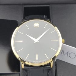 $795 MSRP | Movado Men's Ultra Slim Black Dial Leather Band  Watch - 0607173