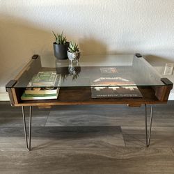 Industrial/Mid Century Modern Glass/Wood Coffee Table 