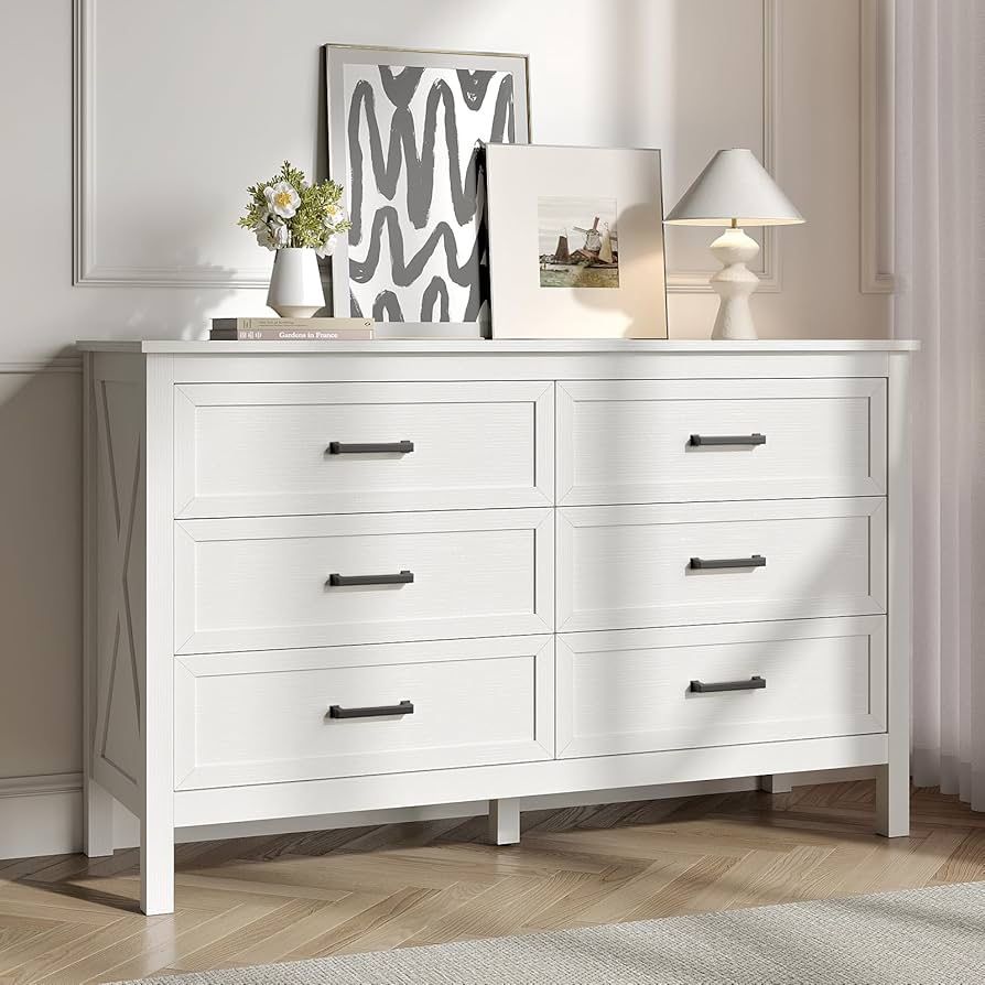 Farmhouse White 6 Drawers Dresser for Bedroom, Wood Rustic Wide Chest with Natural Texture, Storage Dressers Organizer for Bedroom, Hallway, Entryway 