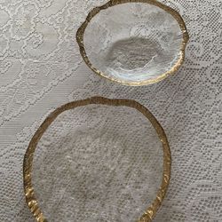 NEW VINTAGE IVV  GLACIER ITALIAN ART  CRYSTAL 10 K GOLD TRIM AROUND THE EDGES PLATE 9 1/2 “ X  10”  W BOWL 8 1/2” X 9”W X 3 2/4”DEEP. SALE MIA  BEACH