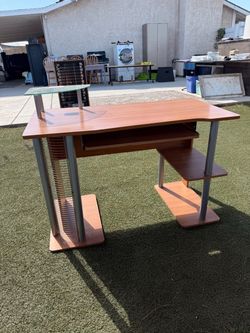 Wood and Metal Computer Desk with Glass Shelf