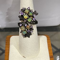 925 Sterling Silver with Genuine Opal and Amethyst Ring
