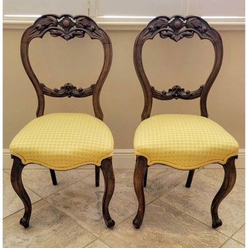 Antique Carved Solid Wood Balloon Back Parlor Side Chair Set of 2