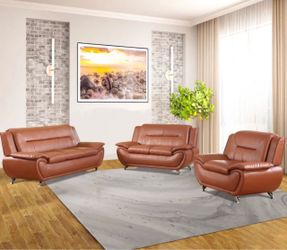Modern style brown leather three piece couch set