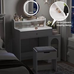    Vanity, Makeup Vanity Desk with Rotatable Mirror and Lights, White Make Up Vanity Table with 3 Adjustable Lighted and Chair, Makeup