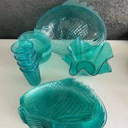 Tropical outdoor set.  cups, plates, bowls