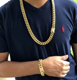 Diamond Lock Cuban Link Set 14K Gold Plated Doesn't Loses Color
