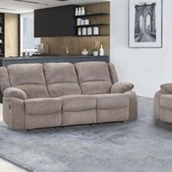 Brand New Mocha Chenille 3pc Reclining Sofa Set 