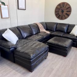 WE DELIVER! 🚚 - Jordan’s Furniture Dark Brown Genuine Leather Modern U Sectional Couch with Chaise & Ottoman Set