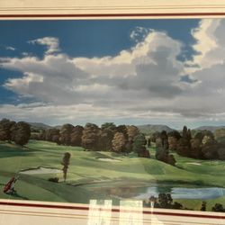 Golf Lithograph Sand Trap Bunkers Water On Wood Frame