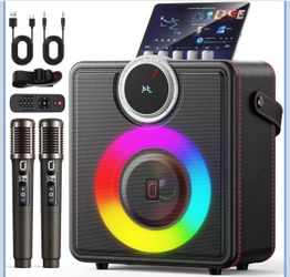 Karaoke Machine for Adults, 200W Retro Leather Portable Bluetooth Speaker with 2 Rechargeable Wireless Microphones, PA System with LED Display & Light