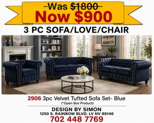 3 pc velvet tufted sofa set