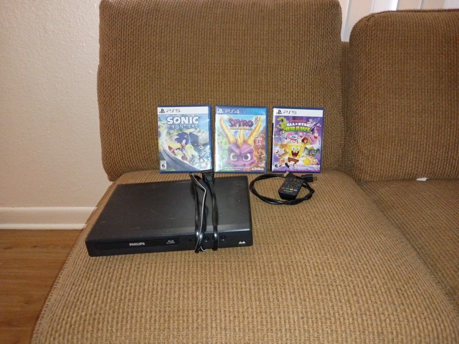 Philips Blu-ray DVD Player, Two PS5 Games, Sonic Frontiers PS5 Nickelodeon All-Star Brawl 1 PS5, One PS4 Game Spyro Trilogy , Has All 3 Spyro Games